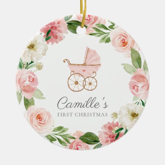 Baby Girl Pink Floral Eerste Kerstversiering Keramisch Ornament (Voorkant)