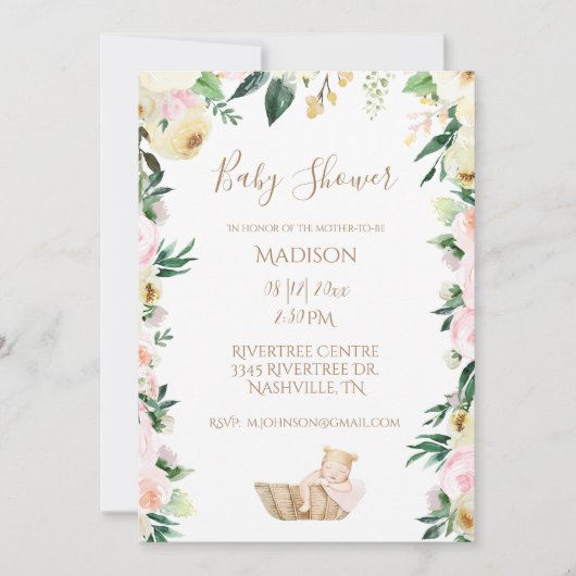 Baby Girl Pink Floral Script Elegant Baby shower Kaart (Voorkant)
