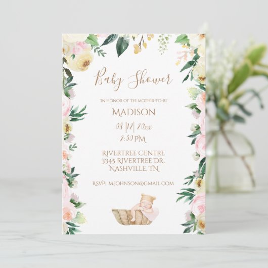 Baby Girl Pink Floral Script Elegant Baby shower Kaart (Staand voorkant)
