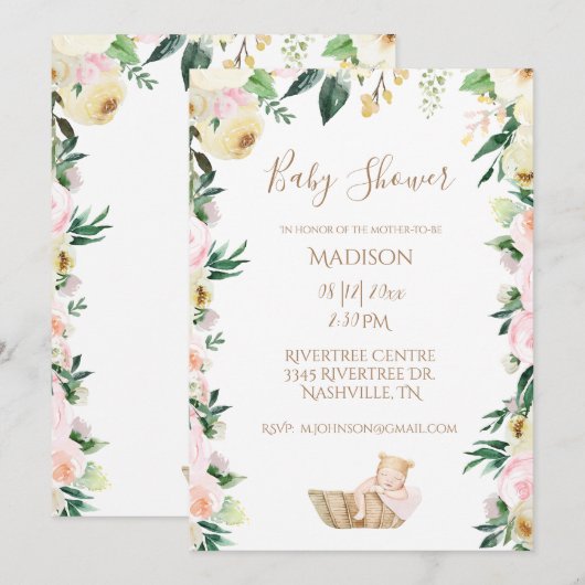 Baby Girl Pink Floral Script Elegant Baby shower Kaart (Voorkant / Achterkant)
