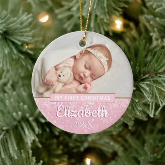 Baby Girl Pink Foto eerste kerstsnowflakes Keramisch Ornament (Boom)