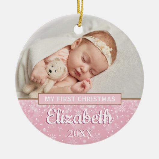 Baby Girl Pink Foto eerste kerstsnowflakes Keramisch Ornament (Voorkant)