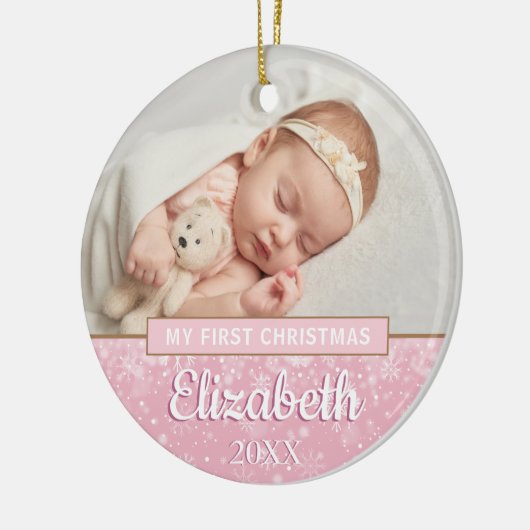 Baby Girl Pink Foto eerste kerstsnowflakes Keramisch Ornament (Links)