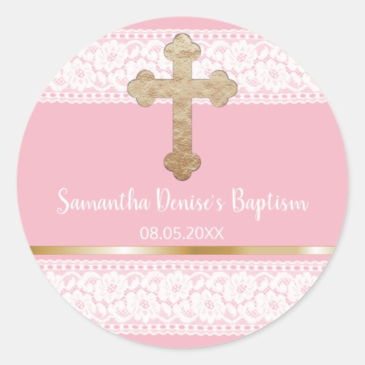 Baby Girl Pink Gold Cross Baptisme Favor Ronde Sticker (Voorkant)