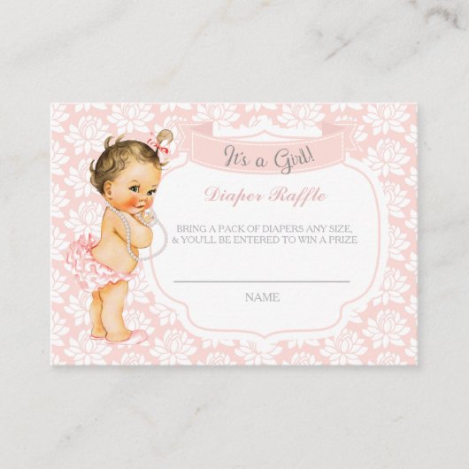 Baby Girl Pink Grey Diaper Raffle Ticket Informatiekaartje (Voorkant)