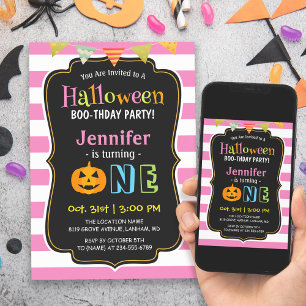 Baby Girl Pink Halloween First Birthday Party Kaart