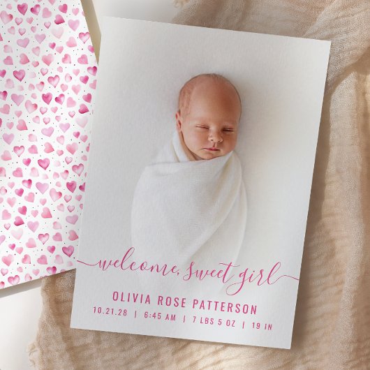 Baby Girl Pink Hearts Script Foto Geboorte Aankondiging
