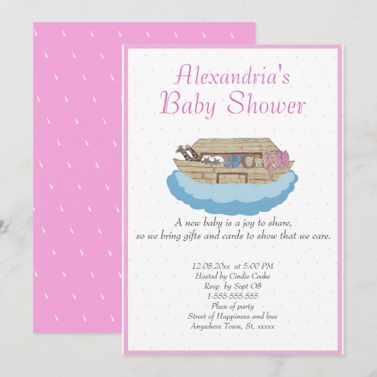 Baby Girl Pink Noah's Ark Baby shower Uitnodiging (Voorkant / Achterkant)