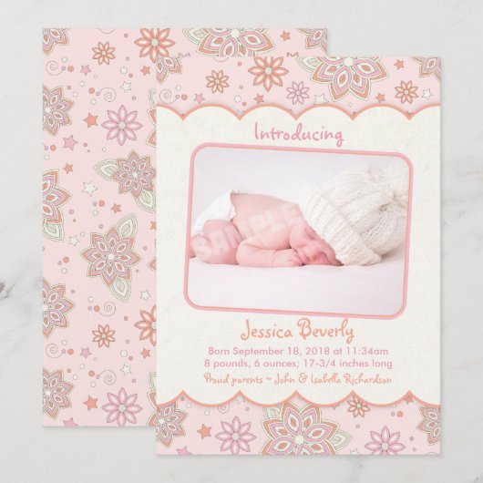 Baby Girl Pink Oranje Foto geboorteaankondiging Aankondiging (Voorkant / Achterkant)