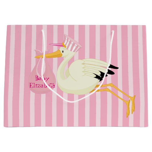 Baby Girl Pink Stripes Stork Groot Cadeauzakje (Voorkant)