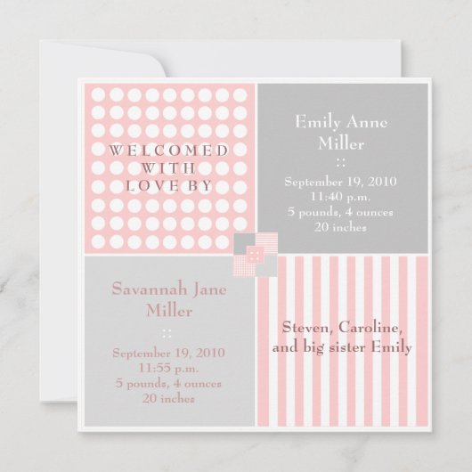 Baby Girl Pink Twin Modern Foto Aankondiging (Voorkant)