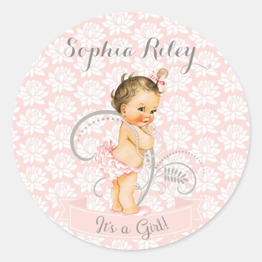 Baby Girl Pink White en Grey Ronde Sticker (Voorkant)