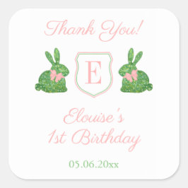 Baby Girl Preppy Konijn Monogram Bedankbrief Favor Vierkante Sticker