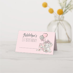 Baby Girl Princess Elephant Pink Gray 1e verjaarda Plaatskaartje