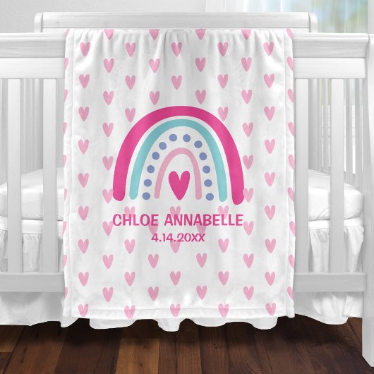 Baby Girl Rainbow and Hearts Personalized Fleece Deken