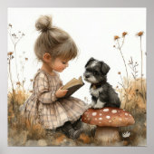 Baby Girl Reading black White Puppy Red Mushroom  Poster (Voorkant)