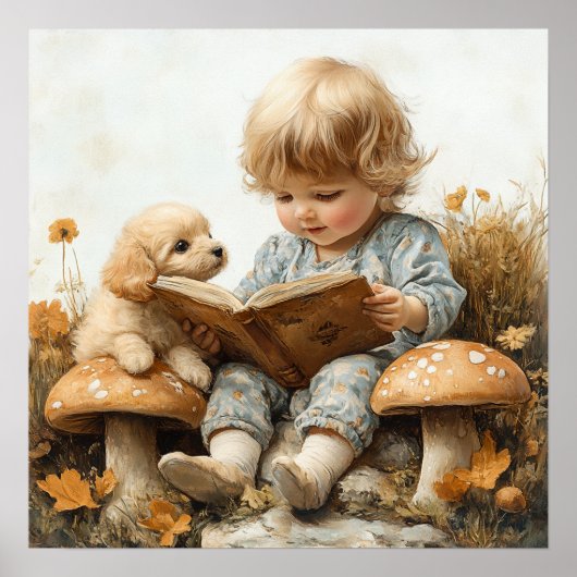 Baby Girl Reading Tan Puppy Mushrooms Poster (Voorkant)