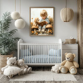 Baby Girl Reading Tan Puppy Mushrooms Poster