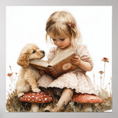 Baby Girl Reading Tan Puppy Red Mushroom  Poster (Voorkant)