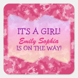 Baby Girl - Roze Camo met Baby shower Vierkante Sticker