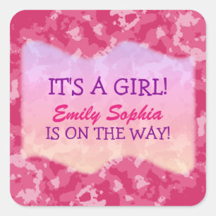 Baby Girl - Roze Camo met Baby shower Vierkante Sticker