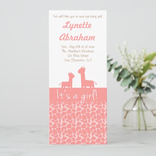 Baby Girl - Roze girafjes en prints Kaart (Staand voorkant)