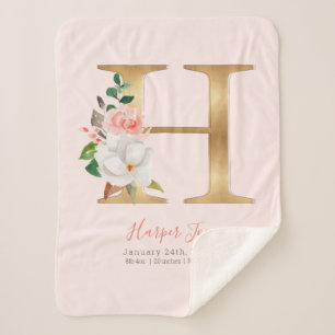 Baby Girl roze & goudgeboortecijfers - Letter H - Sherpa Deken