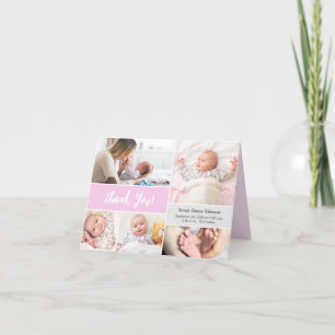 Baby girl Roze Grijze fotocollage Bedankkaart