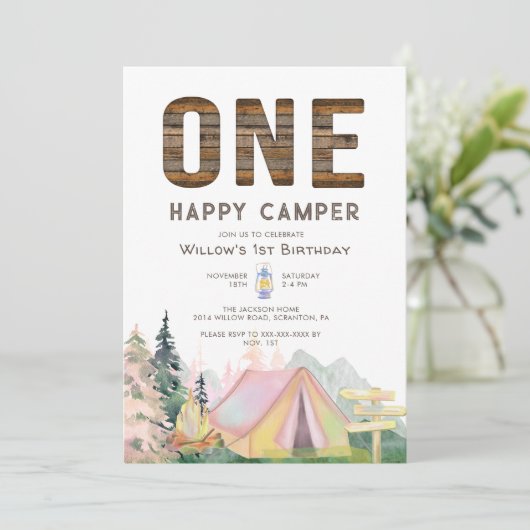 Baby Girl Rustic One Happy Camper Birthday Kaart (Staand voorkant)