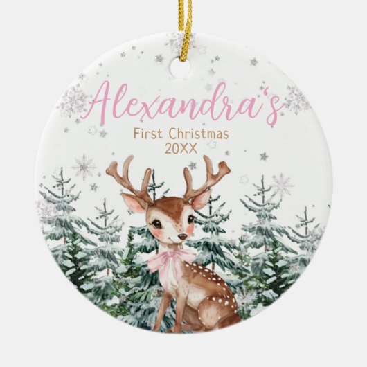 Baby Girl’s First Christmas Photo | Woodland  Keramisch Ornament (Voorkant)
