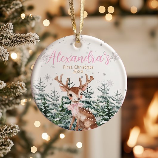Baby Girl’s First Christmas Photo | Woodland  Keramisch Ornament
