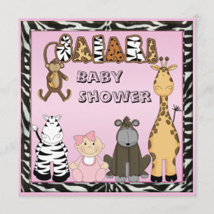 Baby Girl & Safari Animals Baby shower Kaart