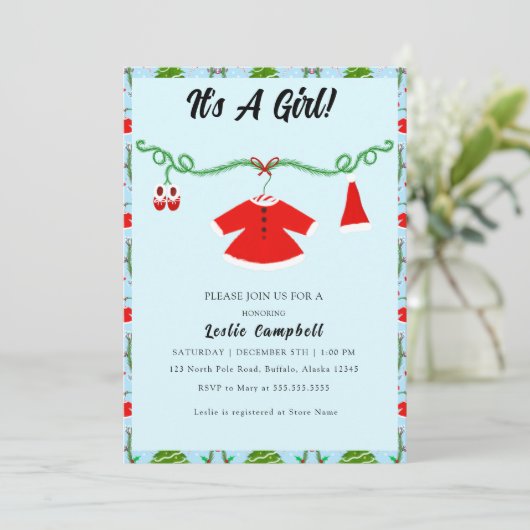 Baby Girl Santa Outfit Baby shower Kaart (Staand voorkant)