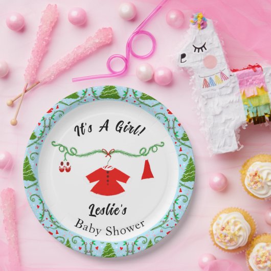 Baby Girl Santa Outfit Baby shower Papieren Bordje (Feest)