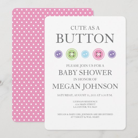 Baby Girl Schattige als een Button Shower Uitnodig Kaart (Voorkant / Achterkant)
