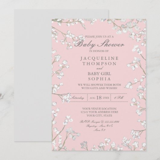 Baby Girl Shower Babys Breath Flower Floral Wreath Kaart (Voorkant / Achterkant)