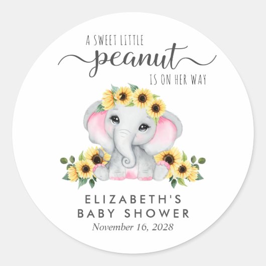 Baby Girl Shower Cute Elephant Sunflower Ronde Sticker (Voorkant)