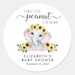 Baby Girl Shower Cute Elephant Sunflower Ronde Sticker