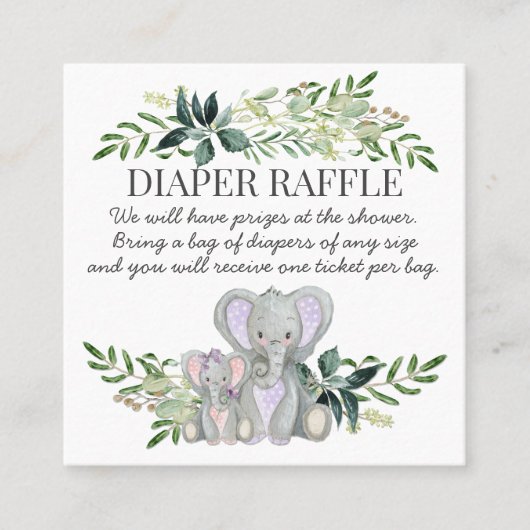 Baby Girl Shower Diaper Raffle Elephanes in Foliag Vierkante Visitekaartje (Voorkant)