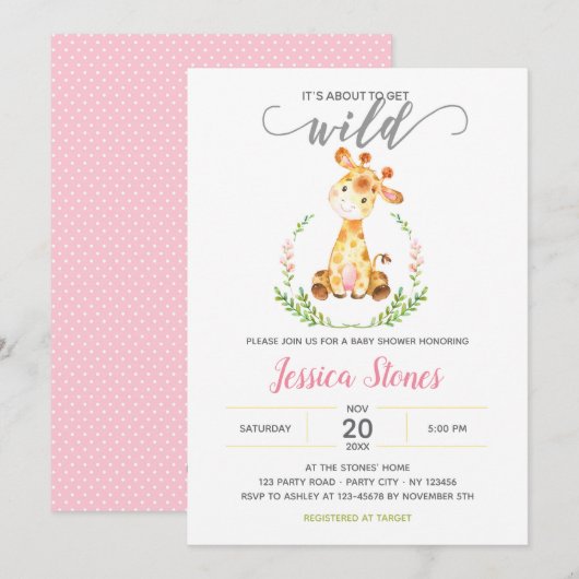 Baby Girl Shower Invitations Giraffe Oerwoud Dier Kaart (Voorkant / Achterkant)