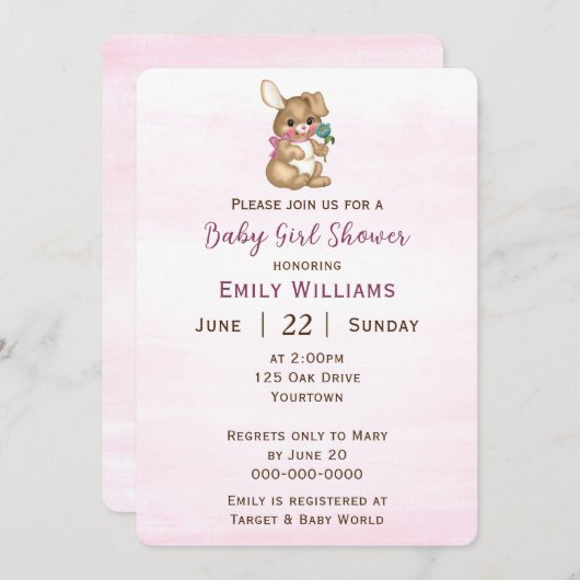 Baby Girl Shower met Bunny Kaart (Voorkant / Achterkant)