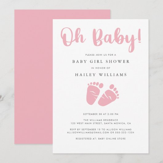 Baby girl shower | Oh Baby roze Baby voeten Kaart (Voorkant / Achterkant)