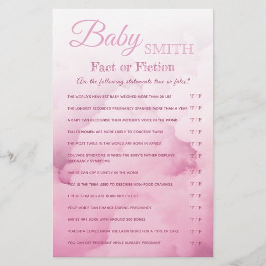 Baby Girl Shower Quiz Fact of Fiction Trivia game (Voorkant)