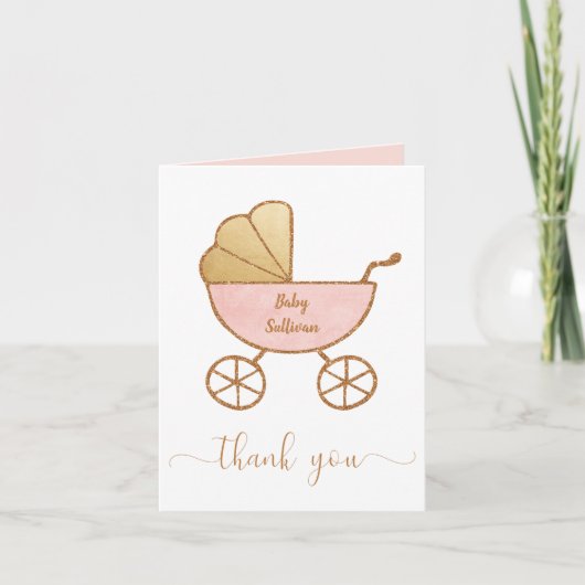 Baby Girl Shower Retro Carriage Pink Gold Bedankkaart (Voorkant)