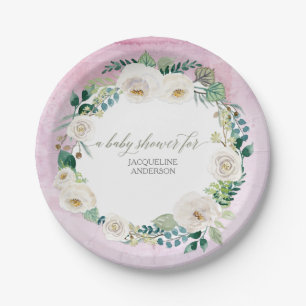 Baby Girl Shower Rustic Wreath Lavender White Rose Papieren Bordje