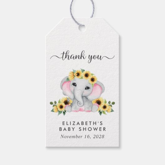 Baby Girl Shower Sunflower Elephant Dank je Cadeaulabel (Voorkant)