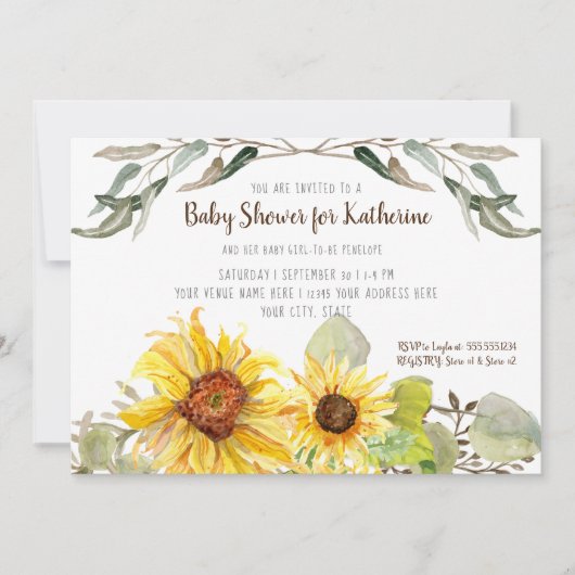 Baby Girl Shower Sunflower Eucalyptus Leaf Foliage Kaart (Voorkant)