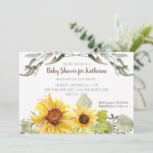 Baby Girl Shower Sunflower Eucalyptus Leaf Foliage Kaart (Staand voorkant)