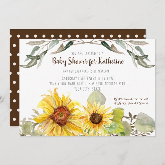 Baby Girl Shower Sunflower Eucalyptus Leaf Foliage Kaart (Voorkant / Achterkant)