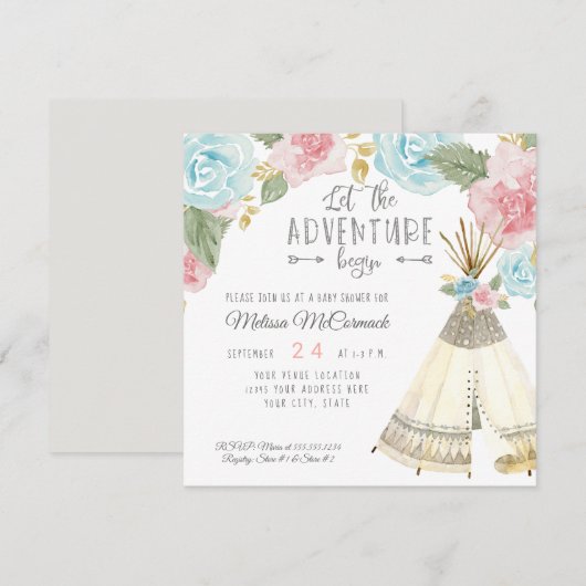 Baby Girl Shower Teepee Grey Adventure Begin Arrow Kaart (Voorkant / Achterkant)